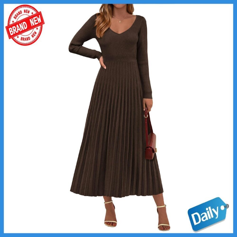 Long Sleeve Ribbed Knit Sweater Dress V-Neck A-Line Maxi Winter